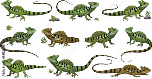 Schilderij op canvas Green Basilisk Lizard Vector Set Featuring Dynamic Running Poses, Striped Body Patterns, and Tropical Reptile Illustration for Wildlife, Nature Education, and Design Projects
