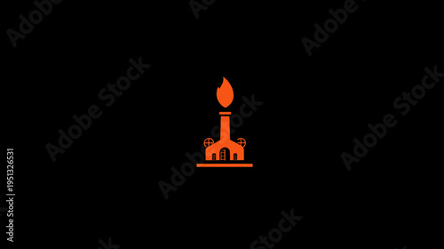 Stylized Industrial Chimney Icon with Flame. Energy and Power Concept. Furnace or Factory Symbol on Black Background.