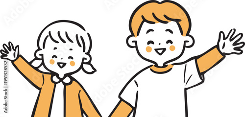 笑顔の男児と女児　上半身　ベクター（オレンジ）