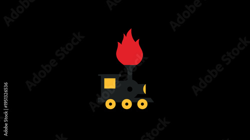 Minimalist cartoon train engine with a vibrant red flame emitting from its smokestack, representing power, speed, and energy.