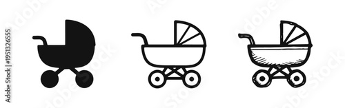 Newborn Baby Stroller Icons: Classic Silhouette, Clean Line Art, and Playful Doodle Style Vector Collection