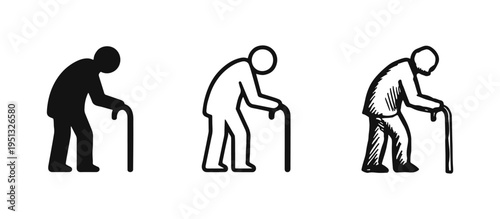 Senior Citizen with Walking Stick Icon Set: Solid, Line Art, and Artistic Doodle Variations for Mobility