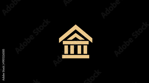 Elegant golden building icon with classic columns and roof on a black background, symbolizing finance, law, banking, or heritage.
