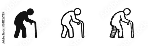 Icons of Elderly Person Leaning on Cane: Multiple Styles for Health, Age, and Assisted Living Concepts