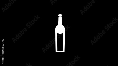 Abstract white bottle silhouette icon on black background for beverage, wine, spirits, alcohol, drink, bar, or liquor concepts.