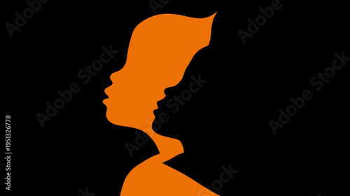 Abstract graphic design featuring two stylized female silhouettes in profile. Orange and black, symbolizing women's strength, identity, and unity.