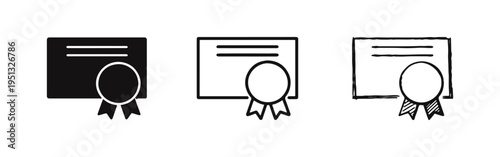 Official Certificate or Award Document Icon Set with Ribbon Seal in Various Styles for Recognition