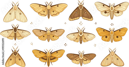  Moth Insect Vector Set Featuring Detailed Wing Patterns, Symmetrical Poses, and Natural Nocturnal Species Illustration for Entomology, Nature Study, and Design Projects.