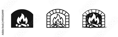 Fireplace with Burning Logs Icons Set. Hearth, Fire and Warmth Symbols in Glyph, Line, and Hand Drawn Styles.