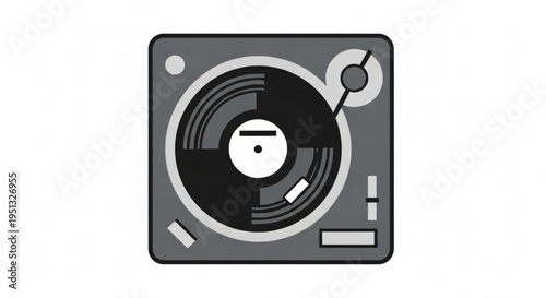 Vinyl record player icon with turntable and stylus on gray background for music and dj concepts