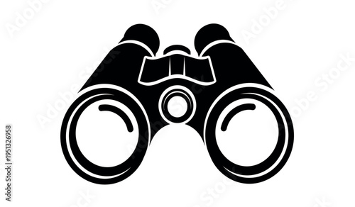 A black and white illustration of a pair of binoculars on a plain background