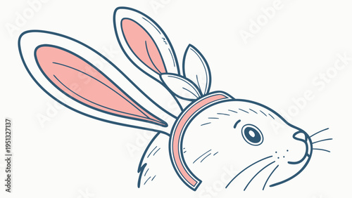 Cute Rabbit Head Illustration Wearing Bunny Ears Headband, Hand-Drawn Line Art Vector for Easter and Costume Party Design