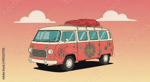 Vibrant pink vintage van with floral patterns and luggage on top against a pastel sunset background with fluffy clouds evoking freedom and adventure