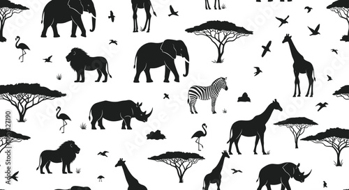 African safari animal silhouettes collection, elephant lion giraffe zebra rhinoceros acacia trees pattern, wildlife nature set, cad drawing flat vector illustration.
