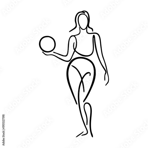 Mujer sujetando una pelota. Dibujo sencillo con línea única de secuencia de acción deportiva con jugadora de voleibol