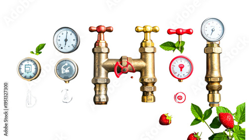 Water Tap Faucet with Pressure Gauge and Meter Icons Set in Multiple Graphic Styles for Plumbing System Maintenance and Utility Management
