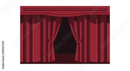 Dramatic red theater curtains open on dark stage with velvet drapes
