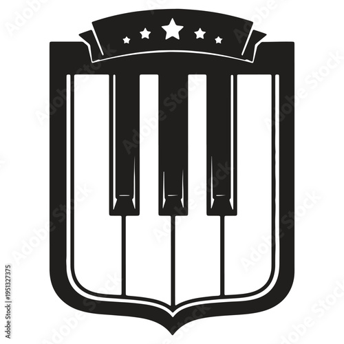 Piano keys shield emblem with stars isolated on transparent background