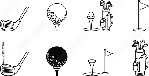 Golf sport icon set featuring golf club ball tee bag and flag minimal outline and solid vector illustration isolated for sports equipment design