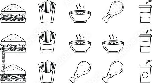 Fast food icon set featuring burger french fries soup bowl chicken drumstick and soft drink cup in minimal outline vector illustration
