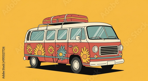 Vibrant red and white van with colorful sun designs luggage on top against yellow background road trip concept