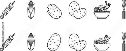 Grilled food outline icon set corn potatoes salad skewers fork vector illustration black line cooking elements barbecue menu collection isolated on white background