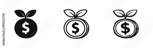 Green investment and sustainable finance dollar money bag icon set, representing economic growth with environmental focus.