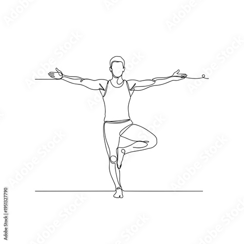 Minimalist continuous line art drawing of a person in a yoga tree pose for wellness and mindfulness concept on white background