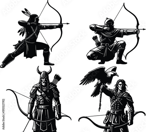 Archer silhouette vector illustration set, medieval warrior and viking hunter icons, native american bowman isolated on white background, historical weapons.