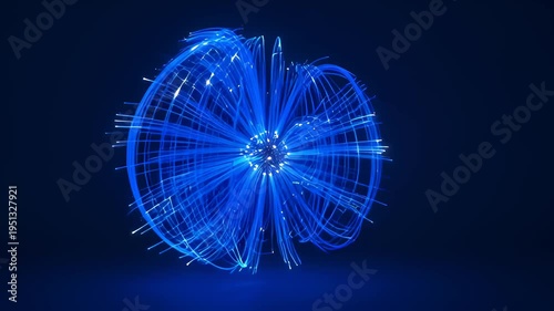 Abstract Blue Energy Sphere Rotating With Glowing Light Trails on Dark Background