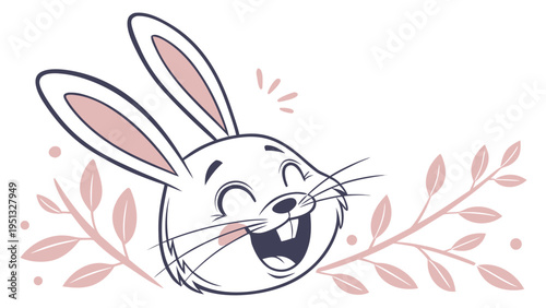 Cute Cartoon Laughing Bunny Face with Pink Leaves and Spring Foliage Vector Illustration