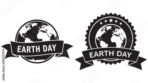 Earth Day Badge With Ribbon And Planet Graphic — Minimal Black-and-White Solid Silhouette, Flat Vector, Isolated On White