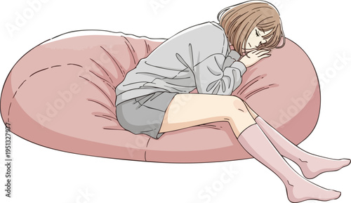 Relaxed young woman with brown hair sleeping peacefully on a soft pink bean bag chair, wearing a grey sweatshirt and shorts, in a cozy anime-style vector illustration