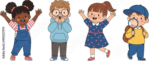 Happy kids cartoon characters set diverse children smiling jumping playing magnifying glass vector illustration cute boys and girls isolated on white background