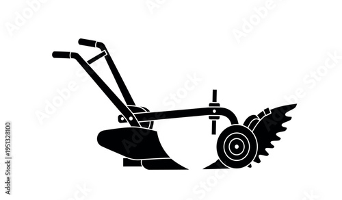 Black and white silhouette of a walk behind rotary snow blower or snow thrower machine