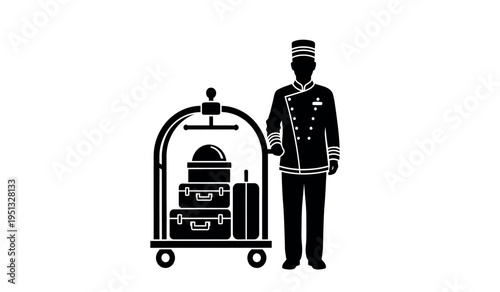 A hotel porter standing beside a luggage cart with suitcases and a hat