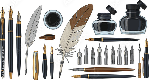 Vintage Calligraphy Writing Tools Vector Illustration Set Featuring Fountain Pens Quill Feathers Ink Bottles Metal Nibs and Classic Handwriting Instruments