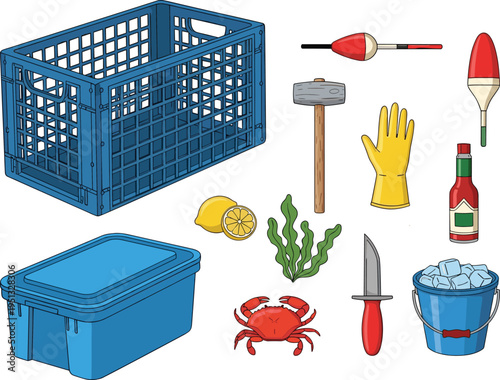 Fishing equipment and seafood tools set featuring crab knife bucket ice crate float seaweed lemon gloves and hammer colorful vector illustration