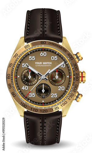 Realistic gold steel watch chronograph black red face dark brown leather strap on white background design modern luxury for men fashion vector