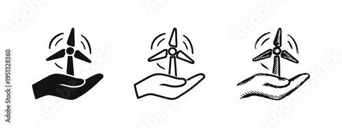 Hand supporting wind turbine icon set for green energy solutions, symbolizing environmental commitment.