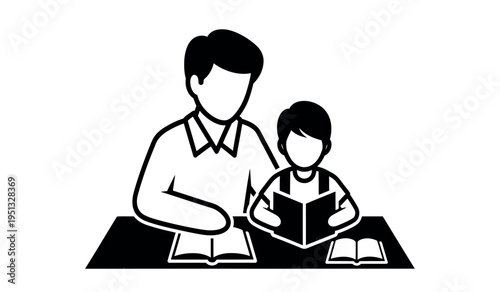 An adult and a child reading books together at a table in a quiet moment