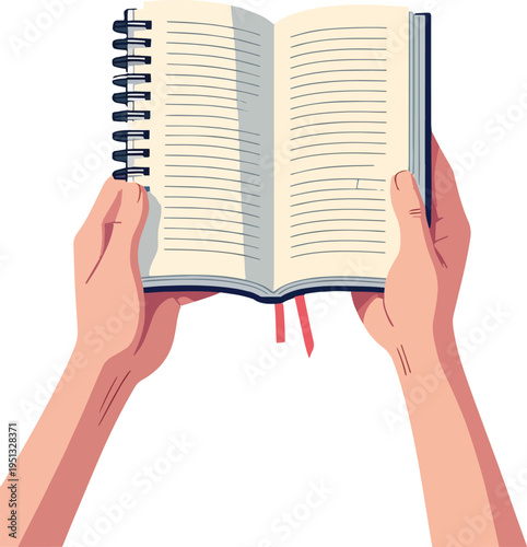 Illustrazione vettoriale di mani che aprono un libro. Concetto di lettura, conoscenza, studio, apprendimento e scoperta, ideale per educazione, cultura e contenuti editoriali.