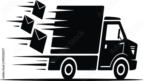 A black truck icon speeding with envelopes flying out of it