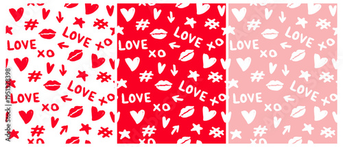 Romantic Irregular Seamless Vector Patterns With Hand‑Drawn Love, Hearts, Lips & XO Icons. Abstract Romantic Doodle Isolated On a White, Red And Pastel Pink Background. Cute Valentine’s Day patterns.