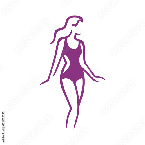 Logotipo con dibujo con líneas de una mujer con bikini de estilo retro, posando de pie