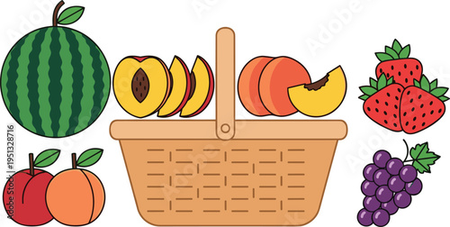 A Collection of Fresh Fruits in a Basket Featuring Watermelon, Peaches, Grapes, and Strawberries for Summer and Healthy Lifestyle Designs