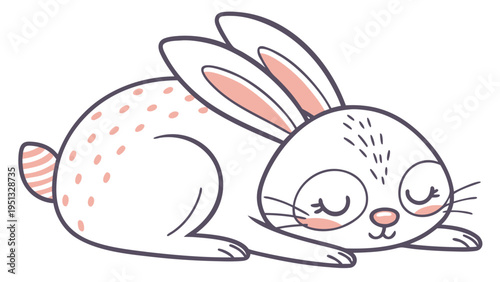 Cute Sleeping Bunny Illustration, Kawaii White Rabbit with Pink Spots and Long Ears, Minimalist Vector Doodle for Easter and Nursery Decor