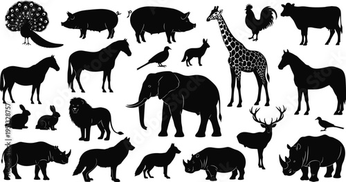 Black animal silhouette set with elephant giraffe lion horse and farm animals isolated on white background for nature wildlife logo designs