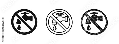 Turn Off Tap Icon Set: Water Conservation Symbols in Solid, Outline, and Hand-Drawn Sketch Styles