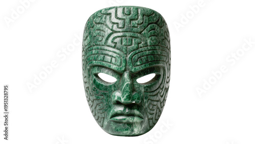Billede på lærred Isolated intricately carved green stone mask, a symbol of ancient cultures and m